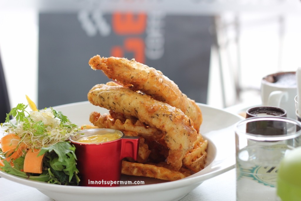 Texture Cafe - Rosemary battered fish with crosscut chips , lemon and salad